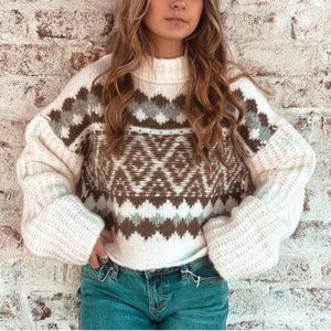 Free People Alpine Alpaca Wool Blend Pullover in Snowy Forest Cowl Neck